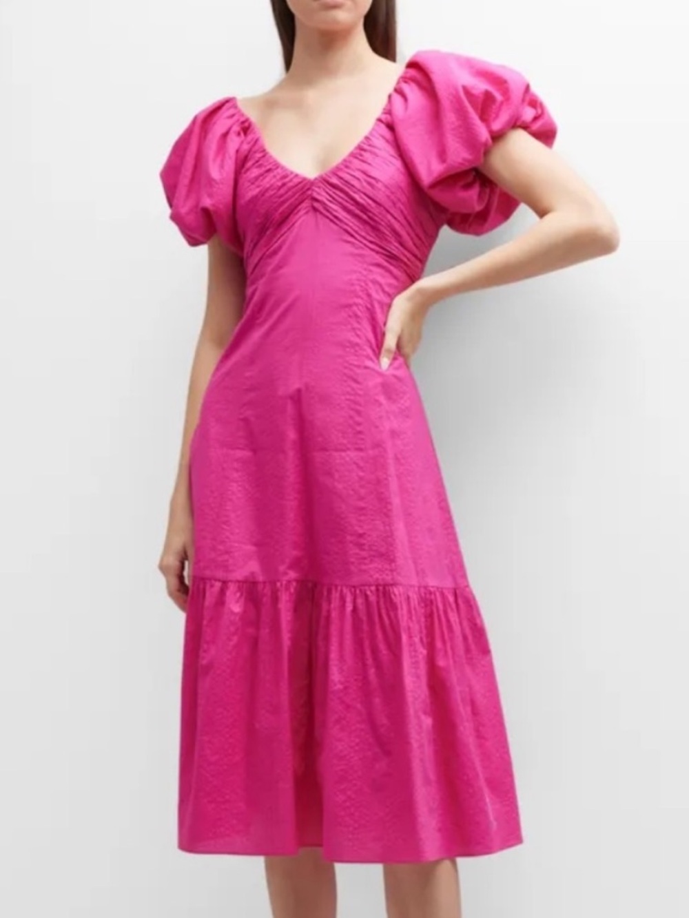 Frame pintucked cotton cloque midi puff sleeve dress fuchsia sz s